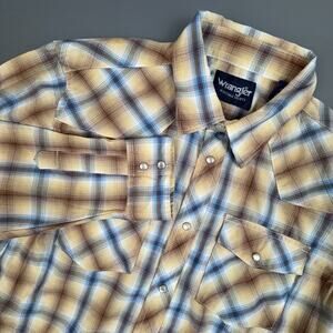 Wrangler Western Pearl Snap Plaid Shirt XXL Blue Tan Cowboy Style